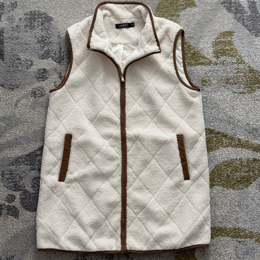 Ralph Lauren Cream Sherpa Vest with Brown Trim